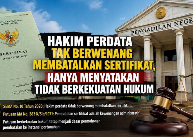 HAKIM PERDATA TAK BERWENANG MEMBATALKAN SERTIFIKAT, HANYA MENYATAKAN TIDAK BERKEKUATAN HUKUM