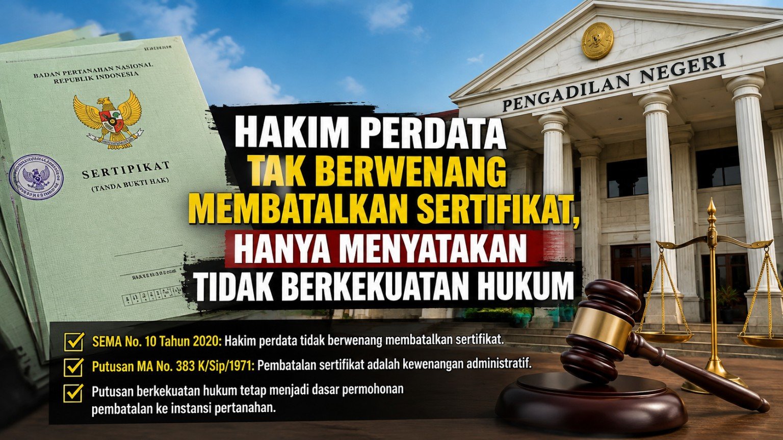 HAKIM PERDATA TAK BERWENANG MEMBATALKAN SERTIFIKAT, HANYA MENYATAKAN TIDAK BERKEKUATAN HUKUM